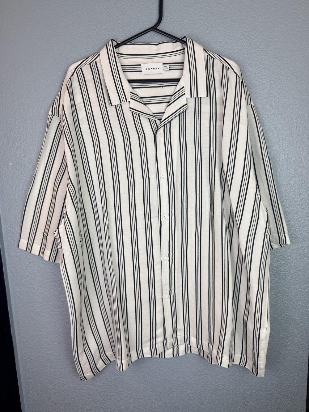 Topman Shirt Mens 2XL White Black Stripe Linen Short Sleeve Button Up Relaxed